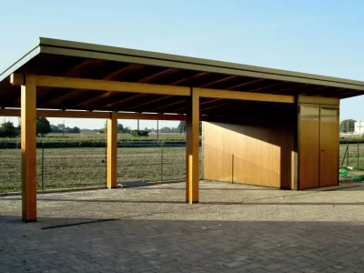 Lamellar wooden arbour with warehouse